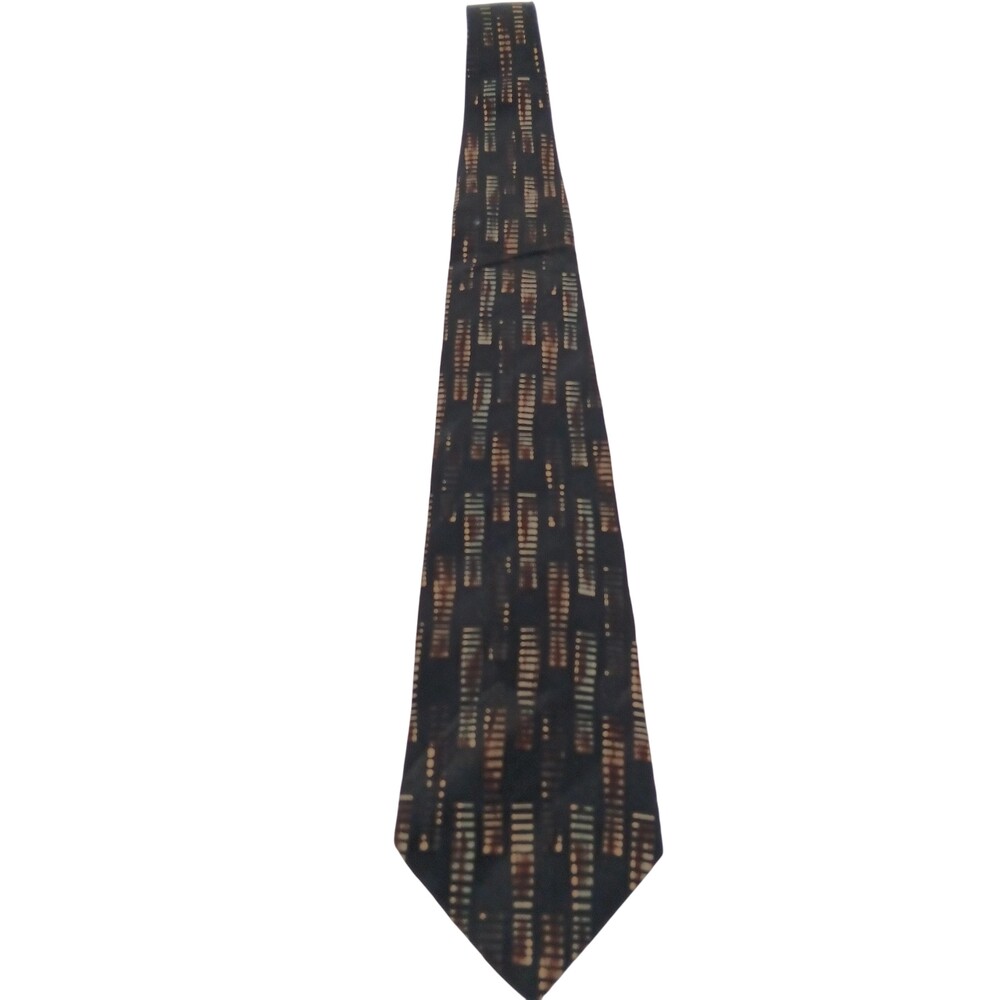 Vintage Abstract Silk Tie Mens Black Brown Geometric Pattern Imported Fabric 90s